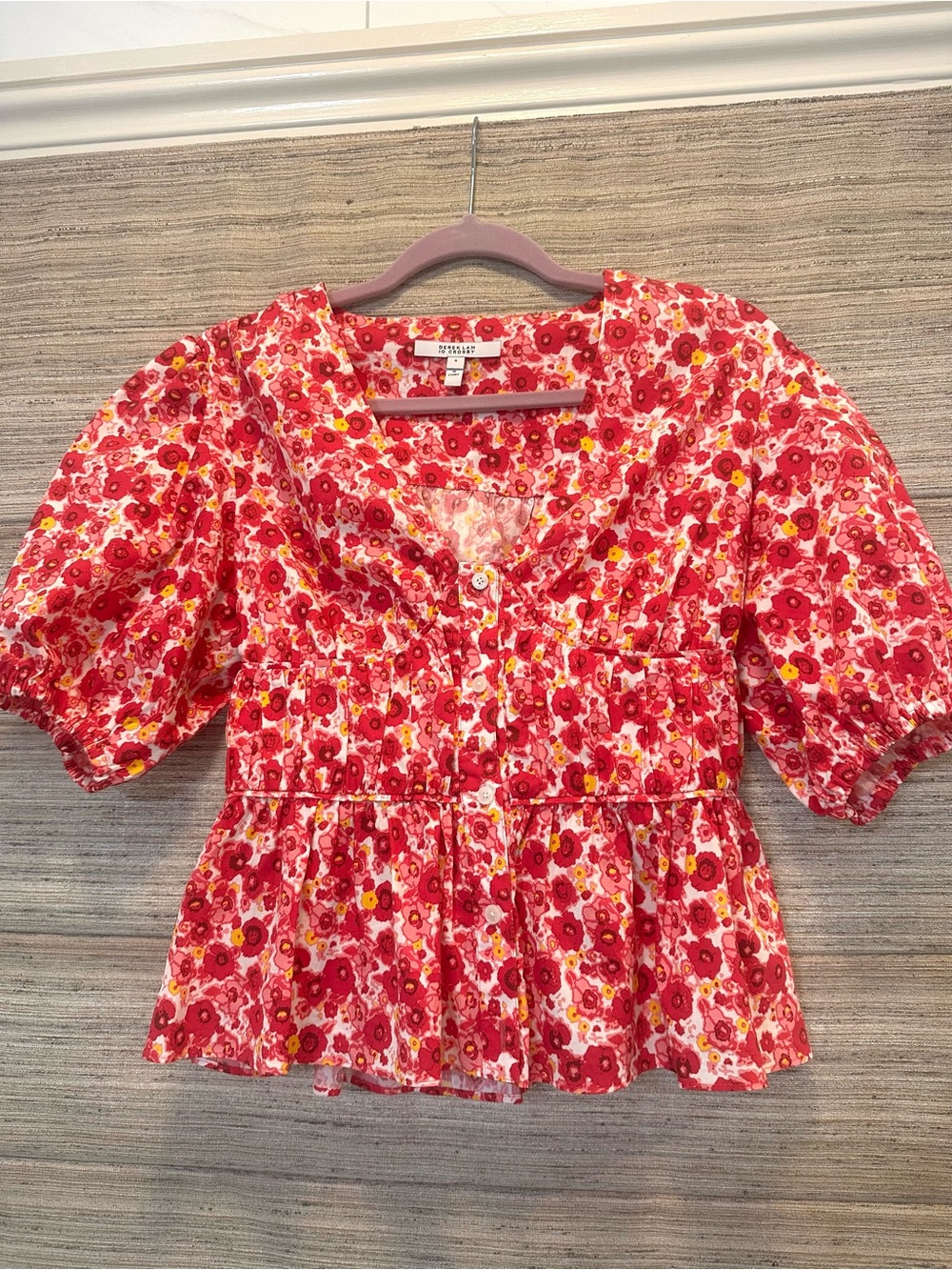 10 Crosby Derek Lam Red Pink Floral Peplum Puff-Sleeve Top